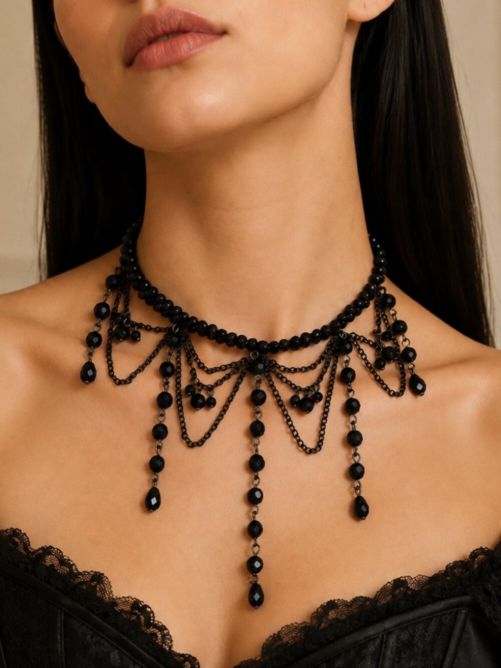 ✨ Black Gothic Beaded Choker Necklace Victorian Draped Statement